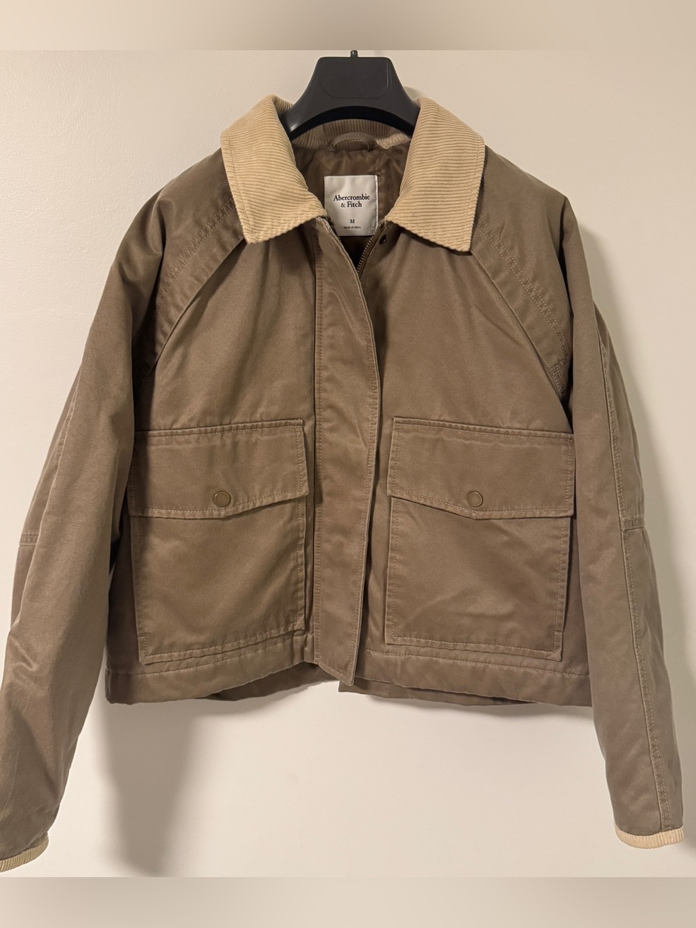 Abercrombie & Fitch Olive Insulated Jacket with Cream Corduroy Collar Women’s M